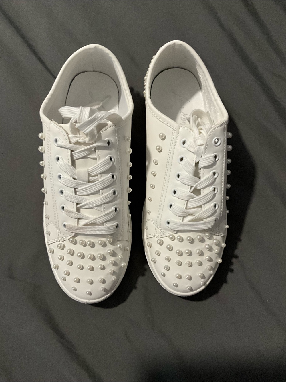 Women's White Pearl-Stud Low Top Sneakers